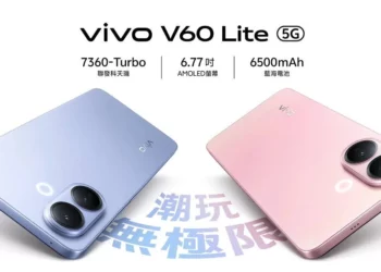 Poster peluncuran resmi vivo V60 Lite 5G dalam dua varian warna, menyoroti spesifikasi kunci seperti chipset 7360-Turbo dan baterai 6500mAh.