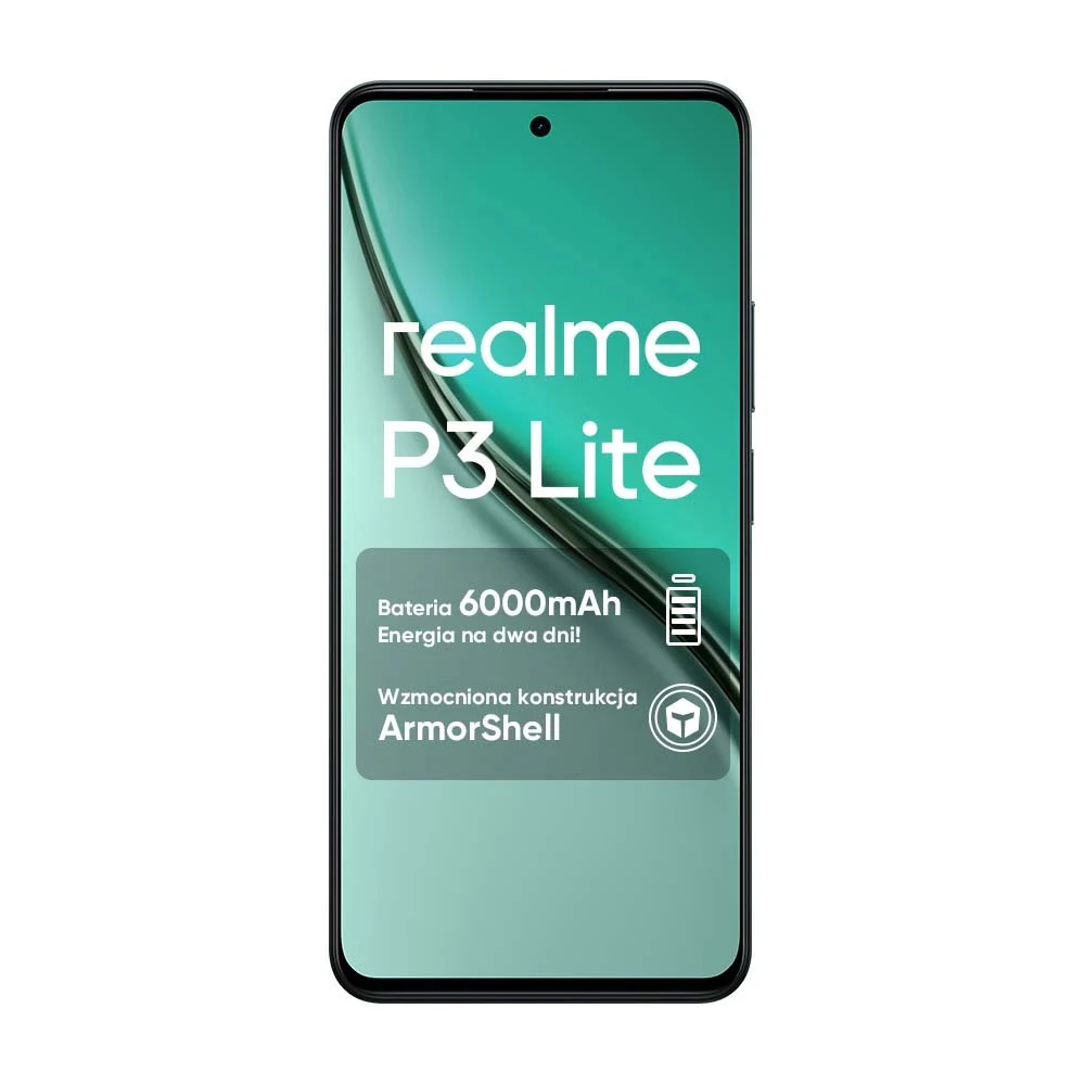 Tampilan layar Realme P3 Lite 4G yang menyorot keunggulan utama baterai 6000mAh.