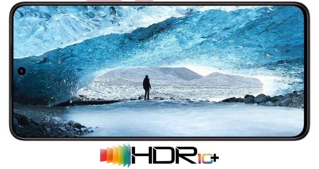 Tampilan layar OLED pada vivo V60 Lite 5G yang menampilkan gambar berkualitas tinggi, menyoroti dukungan fitur baru HDR10+.