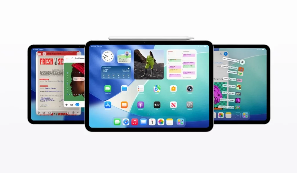 Tiga iPad menampilkan fitur multitasking canggih dari iPadOS 26, sinyal kuat evolusi Apple menuju MacBook layar sentuh.