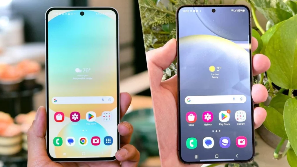 Dua ponsel Samsung Galaxy dipegang berdampingan, mengilustrasikan perbandingan desain antara Galaxy S25 FE vs S24 FE.