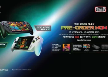 Poster pre-order resmi untuk ROG Xbox Ally di Indonesia, yang menampilkan periode pemesanan, bonus game gratis, dan hadiah lucky draw bernilai jutaan.