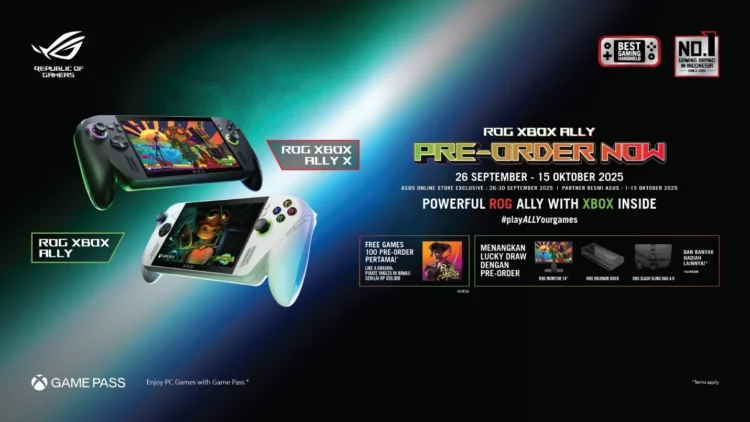 Poster pre-order resmi untuk ROG Xbox Ally di Indonesia, yang menampilkan periode pemesanan, bonus game gratis, dan hadiah lucky draw bernilai jutaan.
