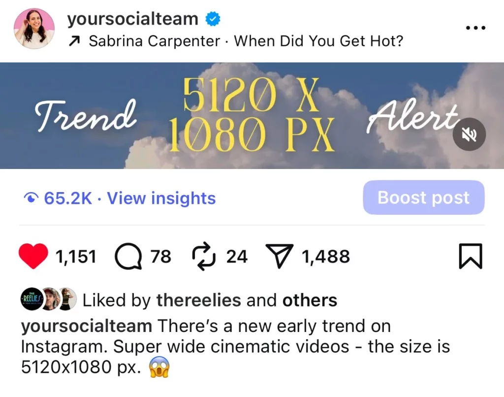 Tangkapan layar post Instagram dari akun @yoursocialteam yang mengonfirmasi tren viral video rasio geprek format 5120x1080.