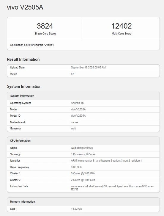 Screenshot hasil benchmark Geekbench untuk perangkat vivo V2505A (iQOO 15), menunjukkan skor single-core 3824 dan multi-core 12402 dari Snapdragon 8 Elite Gen 5.
