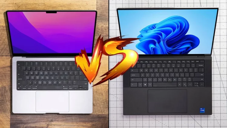Perbandingan laptop Macbook vs Windows, menampilkan Macbook di sisi kiri dan laptop Windows 11 di sisi kanan dengan logo VS di tengah, untuk artikel investasi jangka panjang.