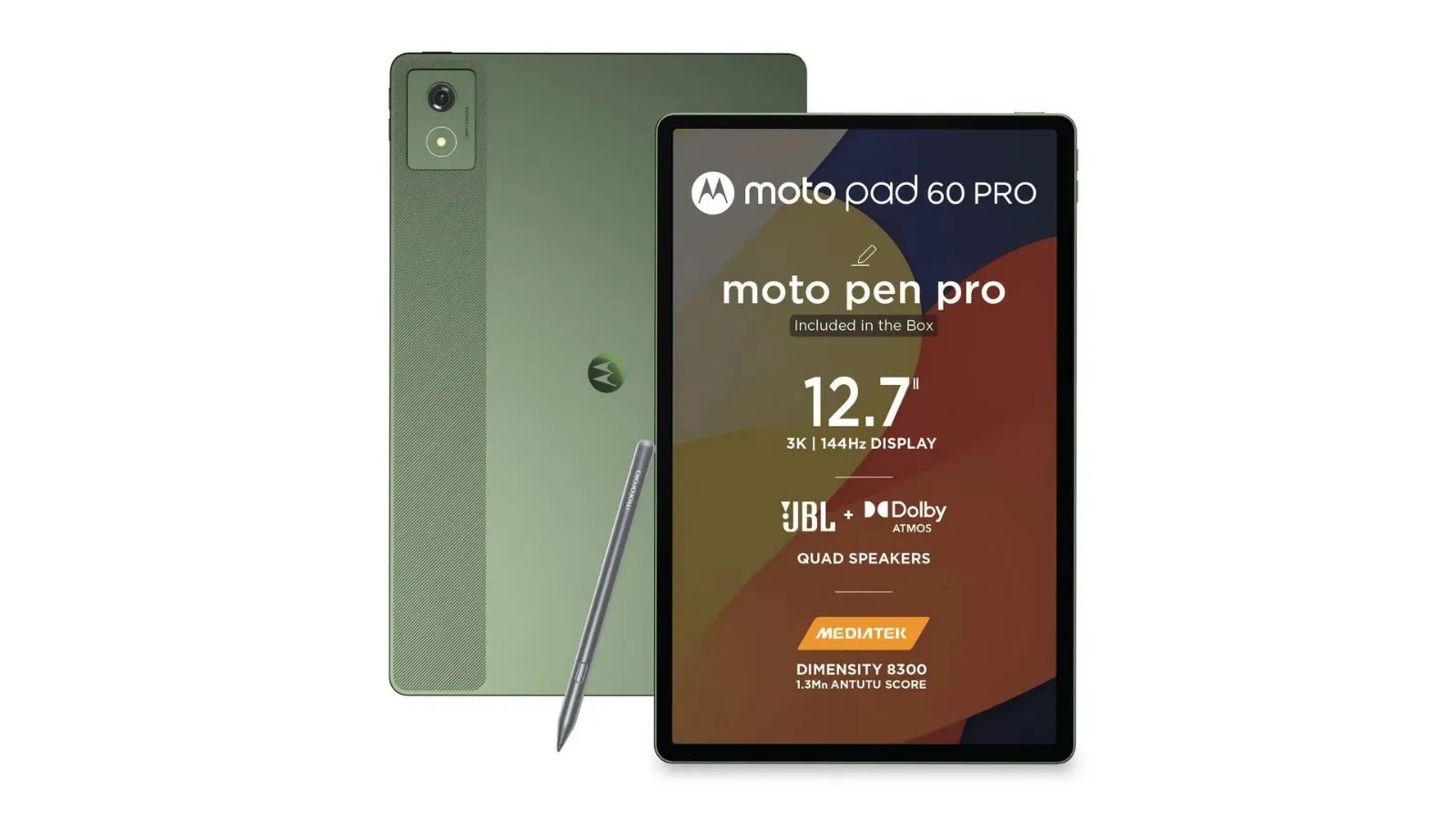 Gambar promosi tablet Motorola Moto Pad 60 Pro berwarna hijau, menampilkan layar 12.7 inci 3K 144Hz, chipset Dimensity 8300, dan stylus Moto Pen Pro yang termasuk dalam paket penjualan.