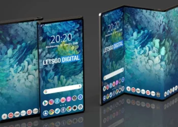 Gambar render konseptual HP lipat tiga Samsung (Galaxy Tri-Fold) dalam mode terlipat dan terbuka, menunjukkan inovasi form factor barunya.