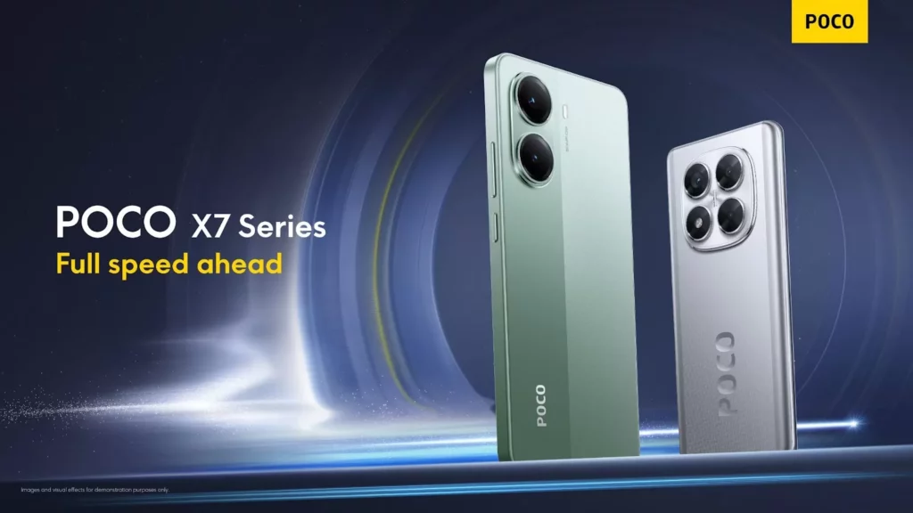 Poster promosi POCO X7 5G Series menampilkan dua smartphone dalam warna hijau dan silver dengan desain kamera berbeda, dengan latar belakang dinamis dan tulisan 'Full speed ahead'.