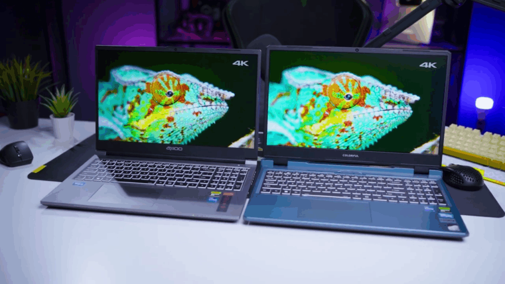 Perbandingan layar laptop Axioo Pongo 760 vs Colorful P15, keduanya menampilkan kualitas warna 100% sRGB yang sama baiknya.