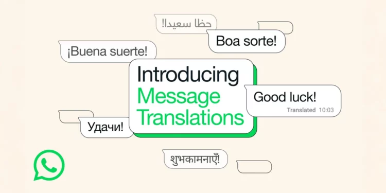 Poster promosi resmi yang memperkenalkan Fitur Translate WhatsApp, menampilkan gelembung chat dalam berbagai bahasa yang diterjemahkan.