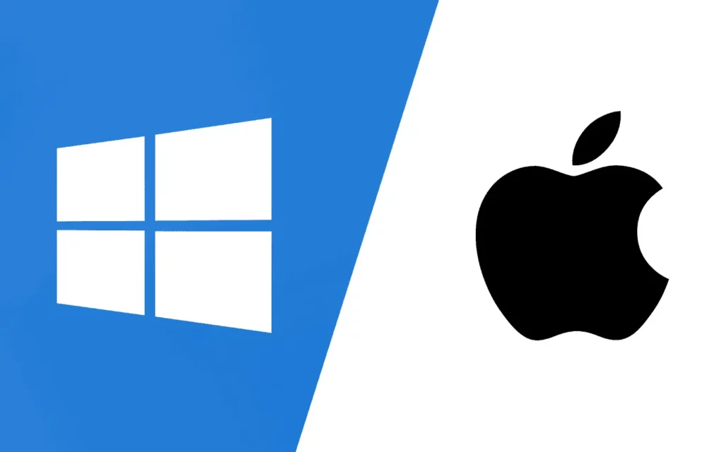 Logo macbook vs windows berdampingan, merepresentasikan perbedaan fundamental infrastruktur teknologi antara platform Windows yang terbuka dan ekosistem macOS yang tertutup.