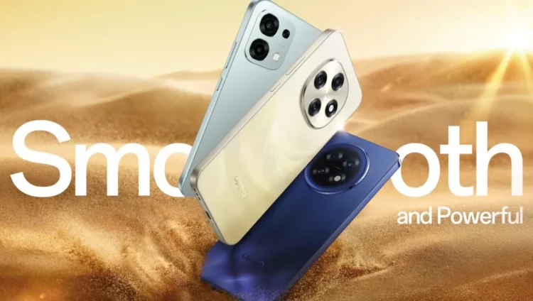 Tiga varian HP Oppo F31 Pro series ditampilkan di lanskap gurun, mengilustrasikan ketahanan bodi anti rusak dan kekuatan baterai 7.000 mAh yang diusungnya.