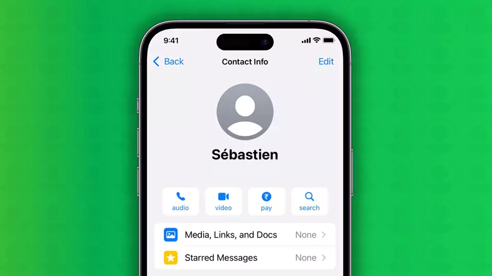 Tampilan layar 'Info Kontak' WhatsApp di iPhone, menunjukkan foto profil default abu-abu dengan nama 'Sébastien' dan opsi panggilan audio/video, pembayaran, serta pencarian.