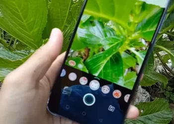 Tangan memegang smartphone Infinix yang digunakan untuk memotret daun hijau, menampilkan antarmuka kamera dengan berbagai mode dan kontrol.