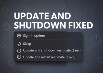 Menu daya Windows 11 menampilkan opsi "Update and shut down" dan "Update and restart" dengan perkiraan waktu, di bawah teks besar "UPDATE AND SHUTDOWN FIXED.