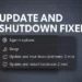 Menu daya Windows 11 menampilkan opsi "Update and shut down" dan "Update and restart" dengan perkiraan waktu, di bawah teks besar "UPDATE AND SHUTDOWN FIXED.