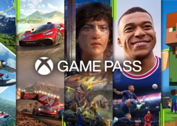 Kolase berbagai tangkapan layar game populer seperti Forza Horizon, Flight Simulator, FIFA, dan Minecraft, dengan logo Xbox Game Pass di tengah.