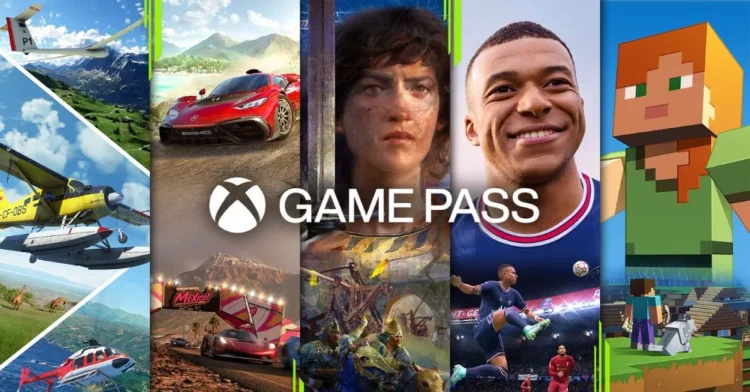 Kolase berbagai tangkapan layar game populer seperti Forza Horizon, Flight Simulator, FIFA, dan Minecraft, dengan logo Xbox Game Pass di tengah.