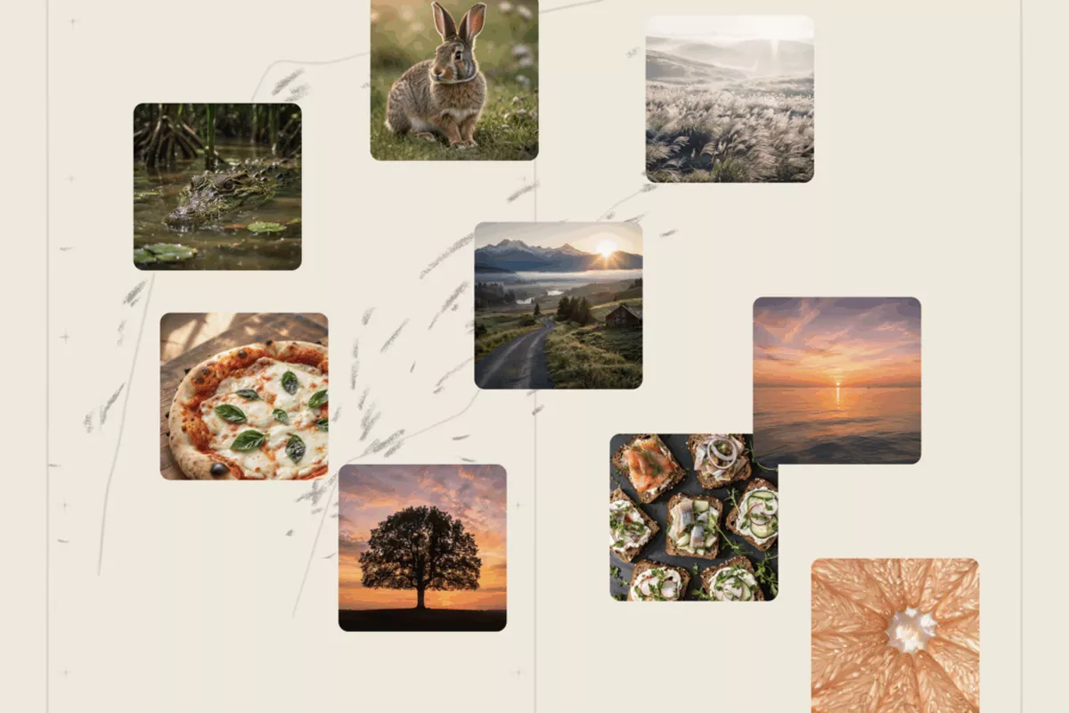 Kolase sembilan gambar dengan berbagai subjek (pizza, kelinci, pemandangan, matahari terbit) yang dihasilkan oleh teknologi AI.