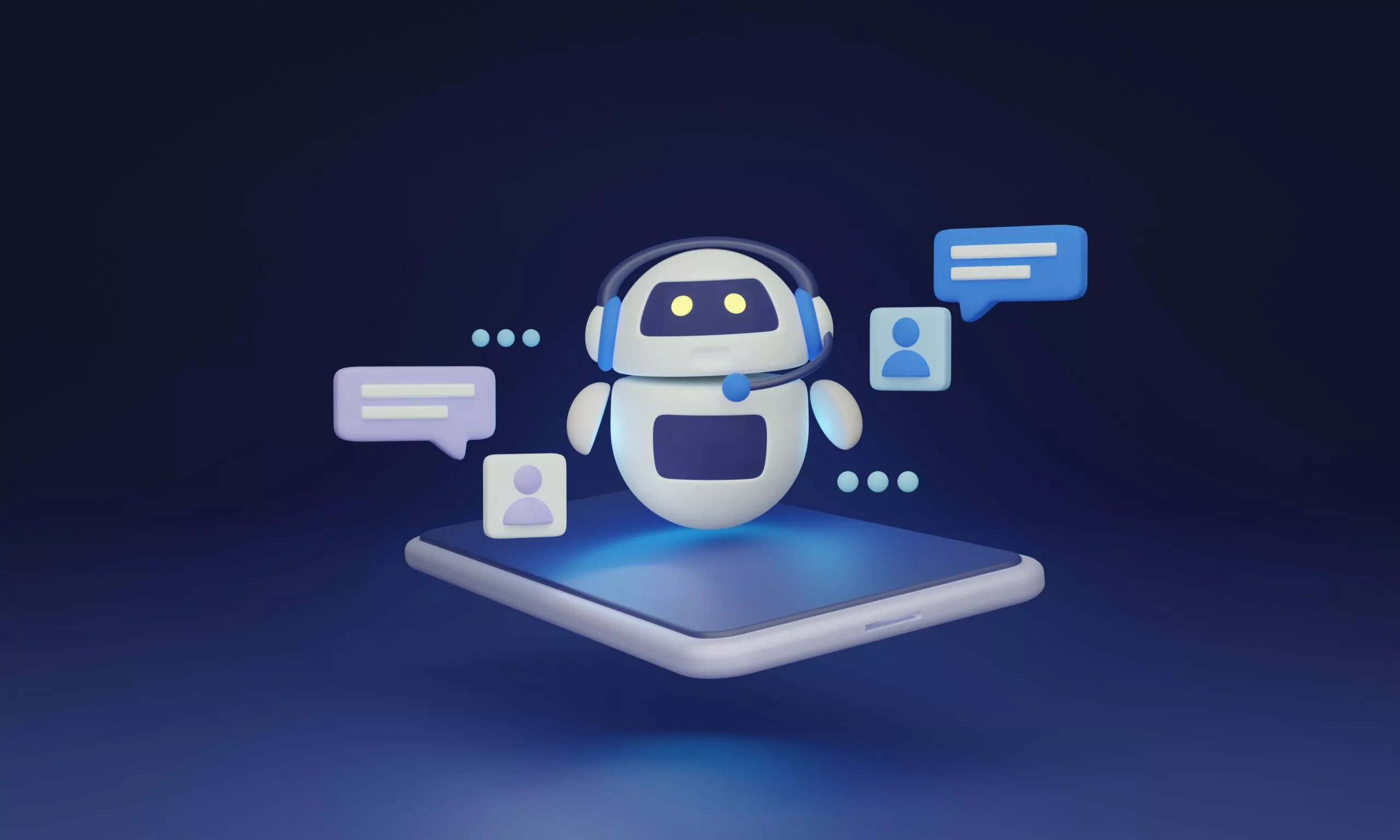 Ilustrasi 3D chatbot robot di atas ponsel, dikelilingi ikon pesan, mewakili asisten AI dan interaksi pengguna.