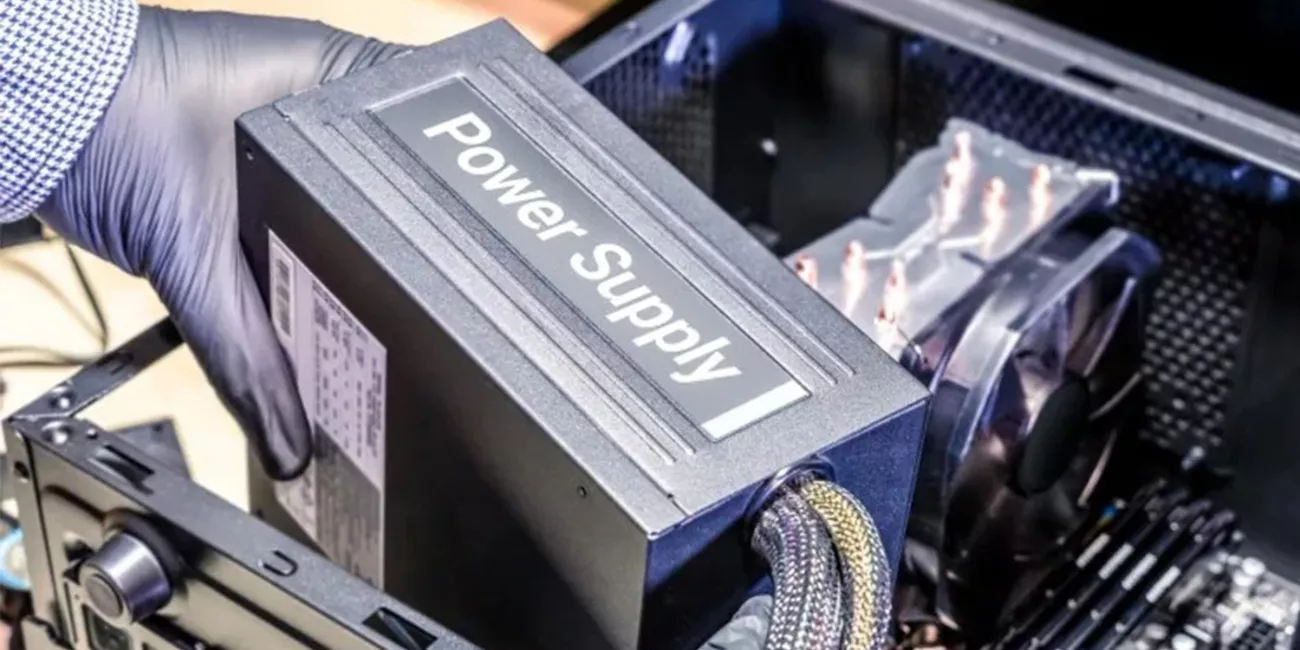 Power Supply Unit (PSU) PC diletakkan di atas meja, dengan kabel modular yang terlepas dan spesifikasi tertulis di label.