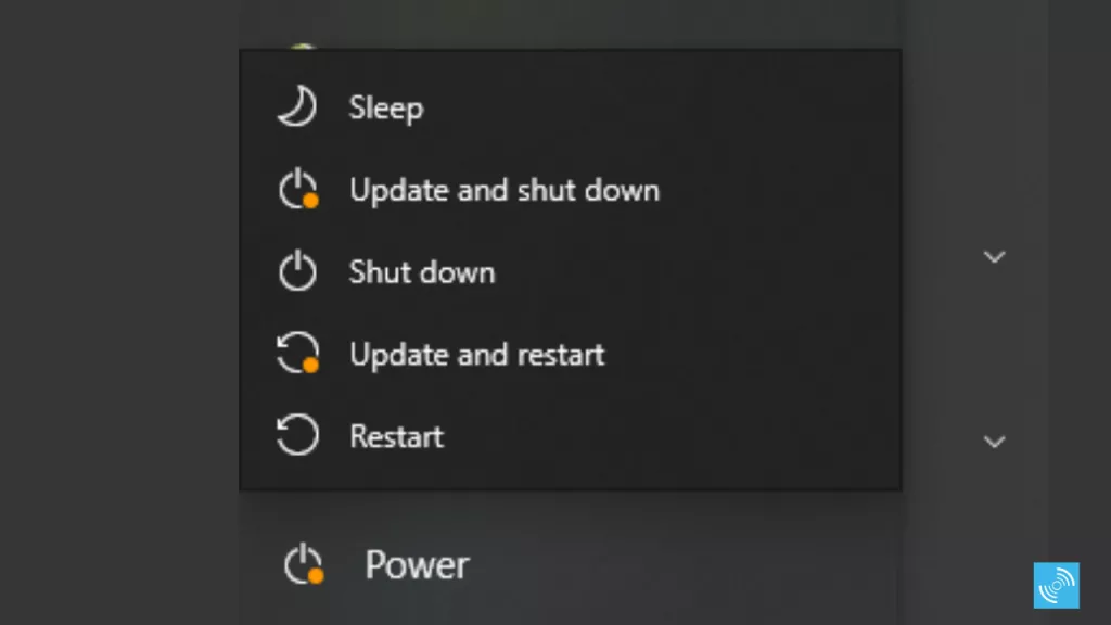 Menu daya Windows 11 atau Windows 10 menampilkan opsi "Sleep", "Update and shut down", "Shut down", "Update and restart", dan "Restart"