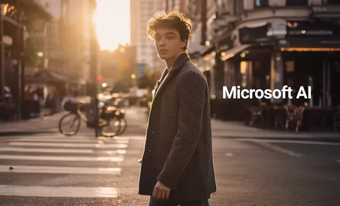 Foto seorang pria di penyeberangan jalan perkotaan saat matahari terbenam, dengan teks "Microsoft AI" overlay di latar depan.