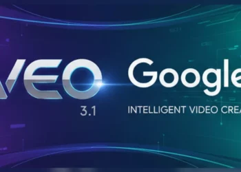 Logo 'VEO 3.1' dan teks 'Google Intelligent Video Creation' di latar belakang futuristik.