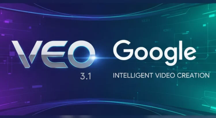 Logo 'VEO 3.1' dan teks 'Google Intelligent Video Creation' di latar belakang futuristik.