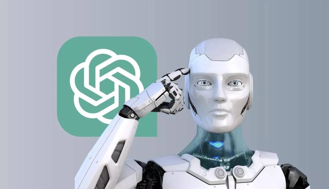 Robot humanoid menunjuk kepalanya di samping logo OpenAI (mirip dengan ChatGPT), mewakili kecerdasan AI.