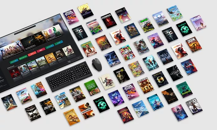 Layar TV menampilkan antarmuka Xbox Game Pass dan puluhan kartu game Game Pass berserakan di permukaan putih