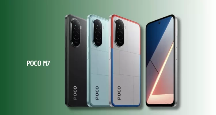 POCO M7 dalam tiga varian warna dengan fokus pada layar depan.