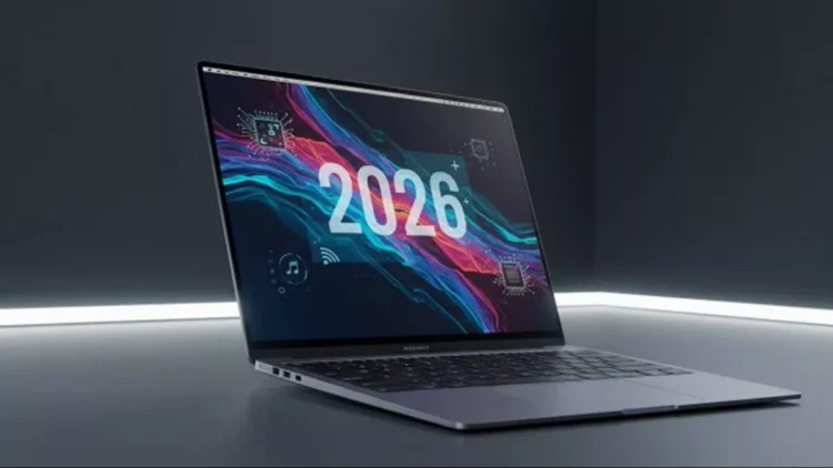 MacBook modern di lingkungan gelap studio, layarnya menampilkan grafis abstrak dengan angka besar "2026".