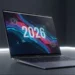 MacBook modern di lingkungan gelap studio, layarnya menampilkan grafis abstrak dengan angka besar "2026".