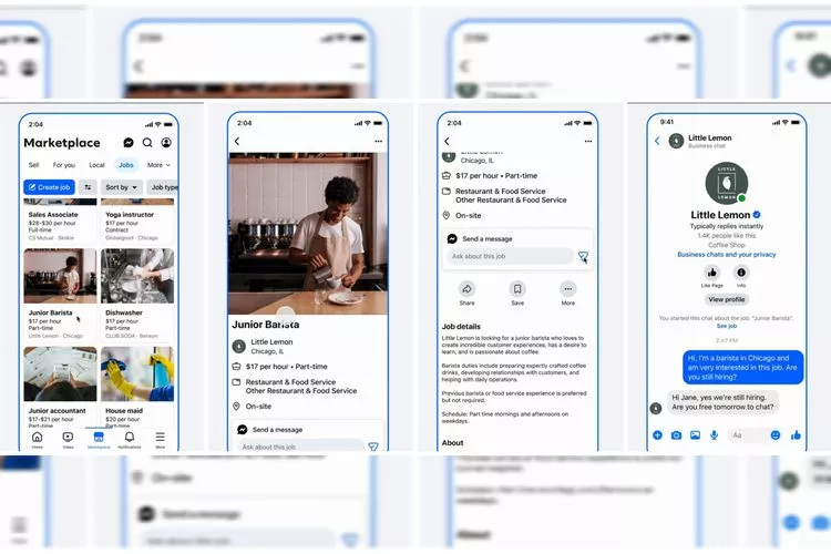 Rangkaian tampilan mobile Facebook Marketplace dengan tab 'Jobs' yang menampilkan detail lowongan, cara melamar, dan chat dengan perusahaan.