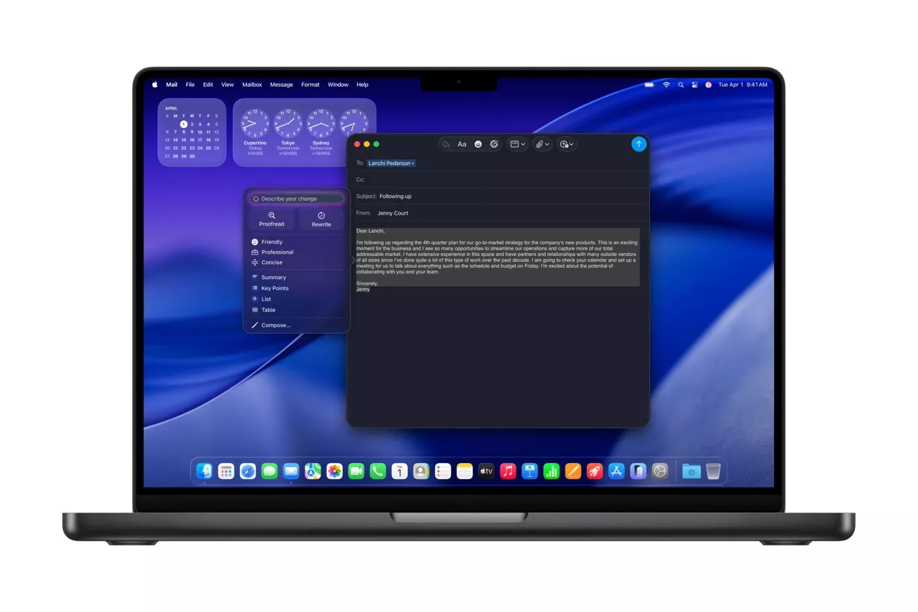 Layar MacBook Pro M5 menampilkan antarmuka macOS dengan aplikasi Mail dan widget AI (seperti Describe Your Change) yang terbuka.