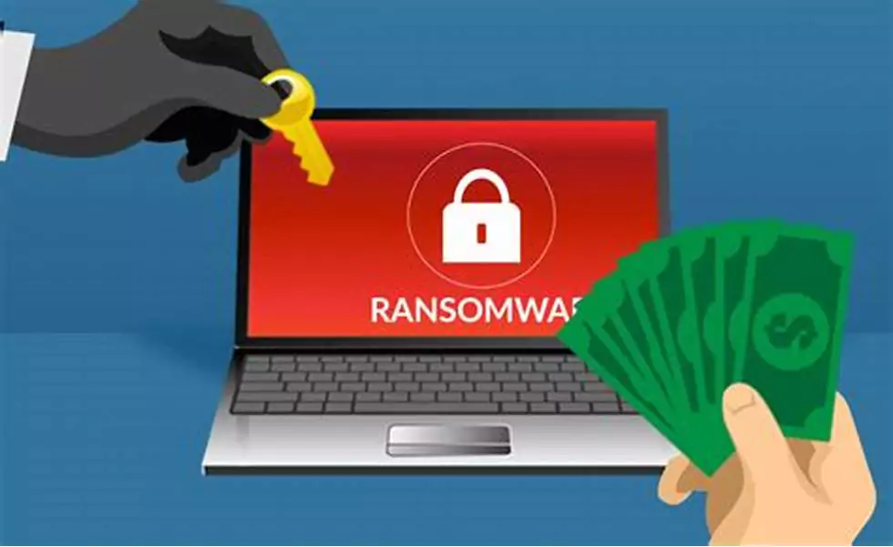 Ilustrasi grafis yang menunjukkan bagaimana ransomware LockBit mengunci file data dengan gembok digital dan menampilkan pesan tebusan di layar komputer.