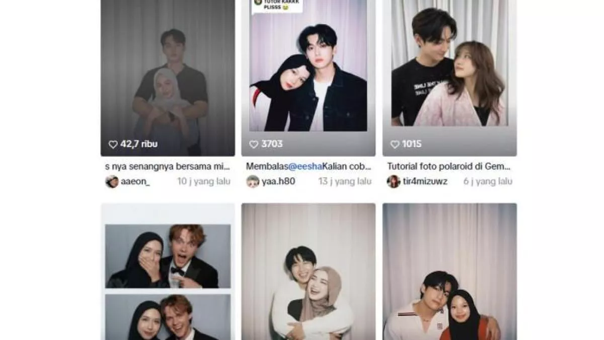 Screenshot media sosial menampilkan beberapa kolase foto polaroid realistis pria muda dengan wanita berhijab, lengkap dengan jumlah likes dan deskripsi.