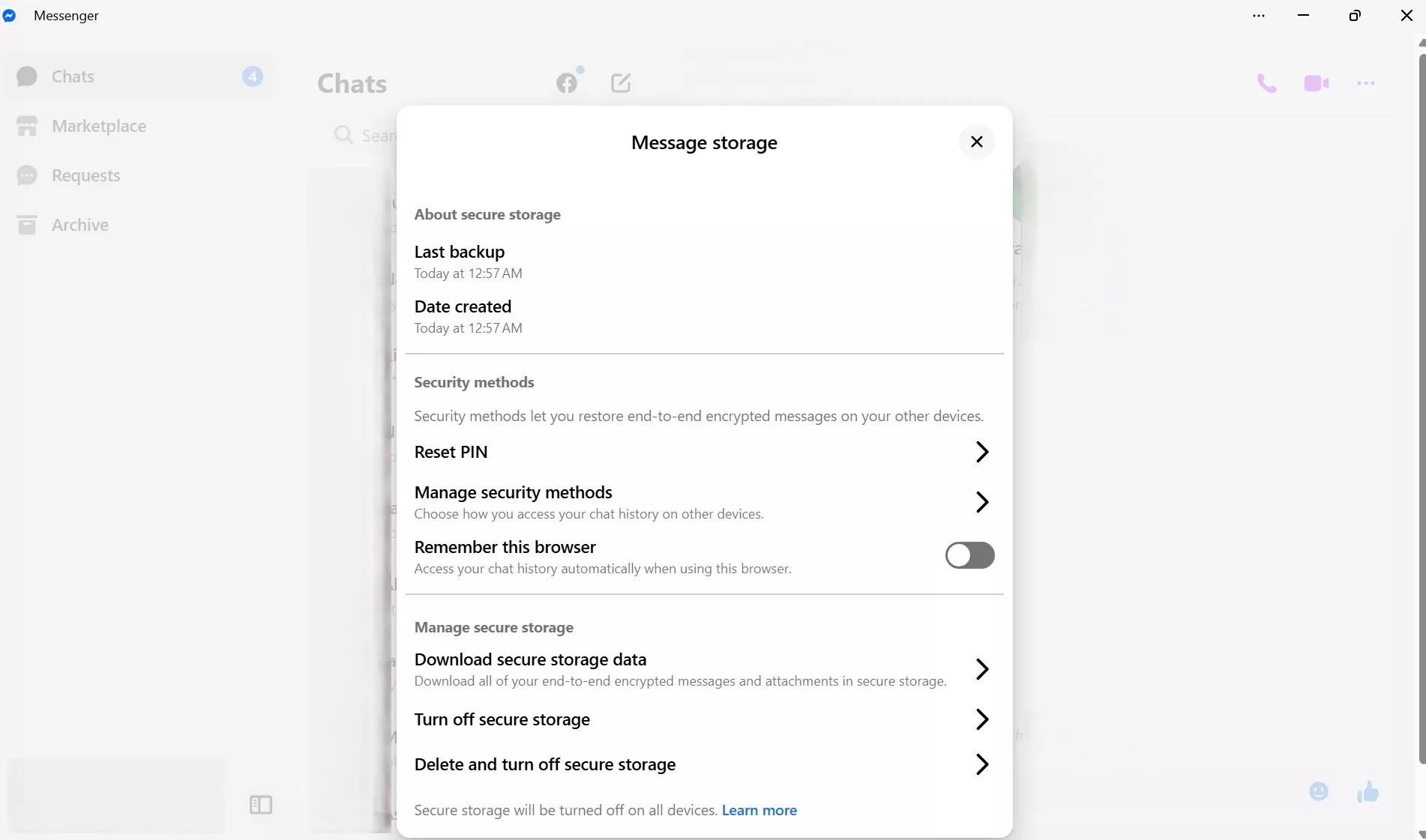 Tampilan antarmuka pengaturan secure storage di aplikasi Messenger versi desktop (Windows 11), menunjukkan fitur enkripsi.
