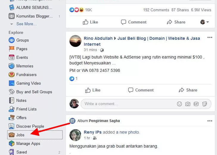 Screenshot antarmuka Facebook versi desktop menunjukkan menu 'Jobs' (Pekerjaan) yang baru di bagian kiri panel navigasi.