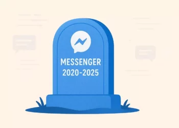 Ilustrasi batu nisan biru dengan logo Messenger dan tulisan "MESSENGER 2020-2025", menyiratkan "kematian" aplikasi. Hapus Messenger