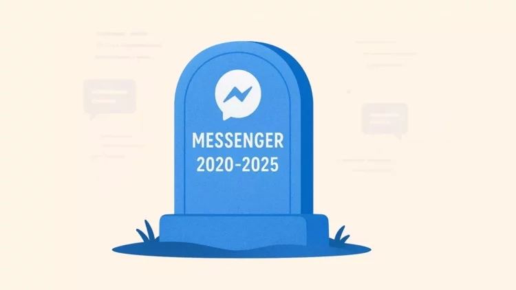 Ilustrasi batu nisan biru dengan logo Messenger dan tulisan "MESSENGER 2020-2025", menyiratkan "kematian" aplikasi. Hapus Messenger