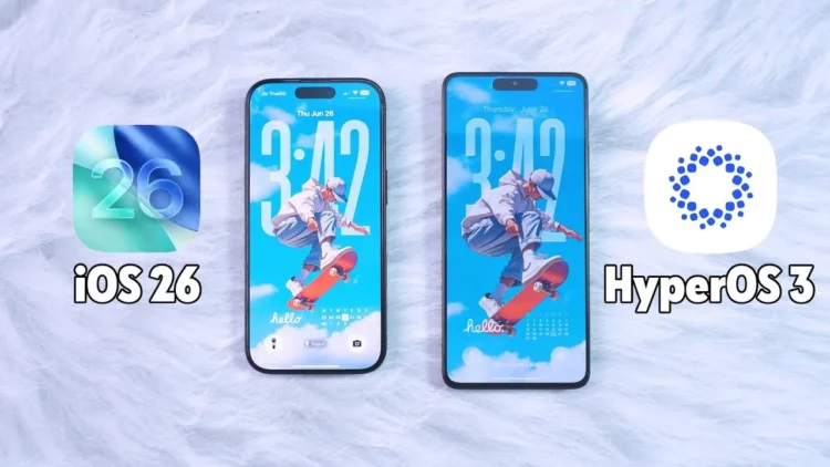 Gambar perbandingan berdampingan antara antarmuka Xiaomi HyperOS 3 dan Apple iOS 26, yang menjadi inti dari pertarungan fitur HyperOS 3 vs iOS 26.