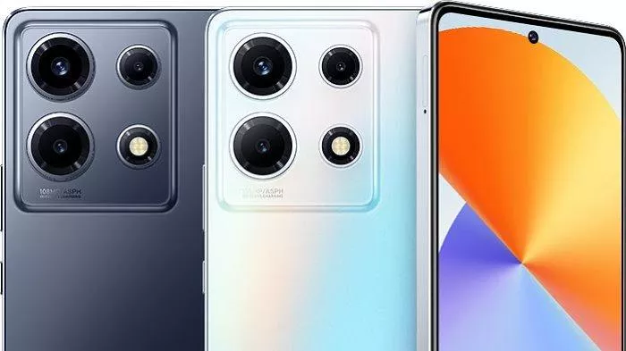 Dua smartphone Infinix dengan modul kamera belakang besar dan layar depan, satu berwarna abu-abu gelap dan satu lagi gradasi biru-putih.