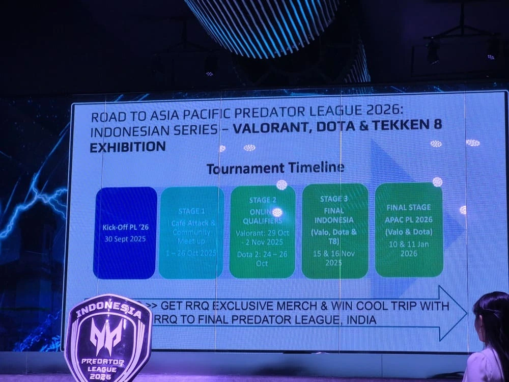 Infografis timeline dan jadwal lengkap turnamen Predator League 2026 Indonesian Series, dari babak kualifikasi hingga Grand Final.