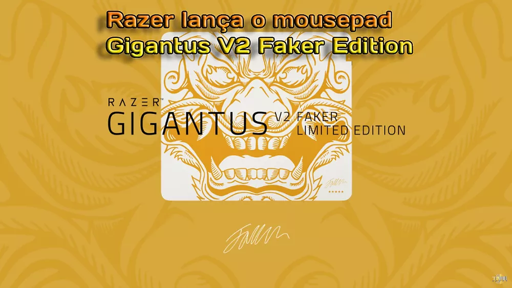 Pengumuman Razer Gigantus V2 Faker Edition Mousepad dengan desain iblis berwarna emas dan tulisan di layar.