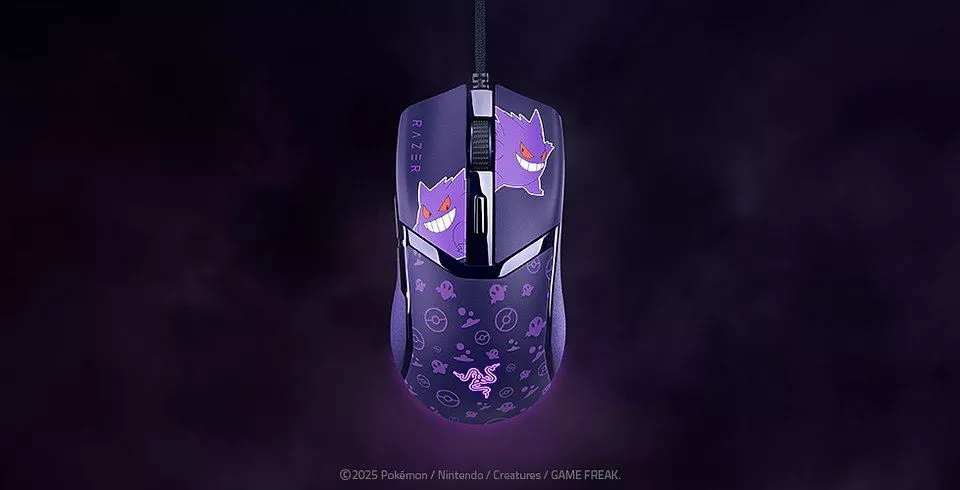 Razer DeathAdder V2 Pro Pokémon Gengar Edition Mouse gaming nirkabel ungu dengan desain karakter Gengar, menunjukkan produk kolaborasi Razer lainnya.