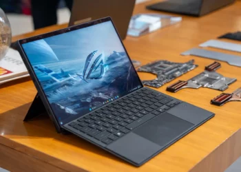 Asus ROG Flow Z13, salah satu laptop 2-in-1 terbaik, diletakkan di atas meja dengan kickstand dan keyboard terpasang.