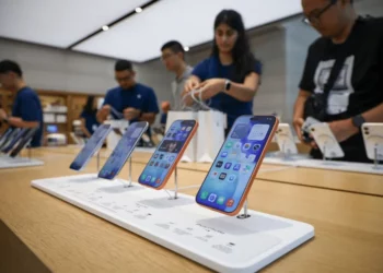 Suasana di dalam iBox yang menampilkan deretan iPhone baru, menggambarkan antusiasme menjelang pre-order iPhone 17.